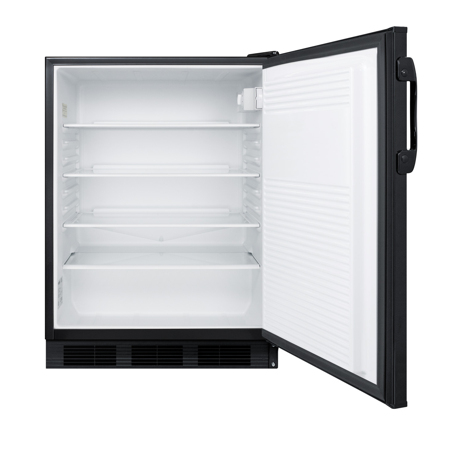 ADA compliant all-refrigerator for freestanding general purpose use, with flat door liner, auto defrost operation and black exterior